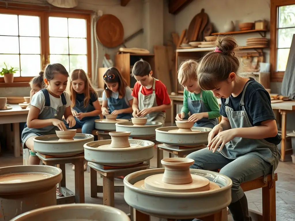 A vibrant image of children participating in a pottery class, showcasing the creativity and hands-on learning experiences offered at MJC MAISON POUR TOUS.