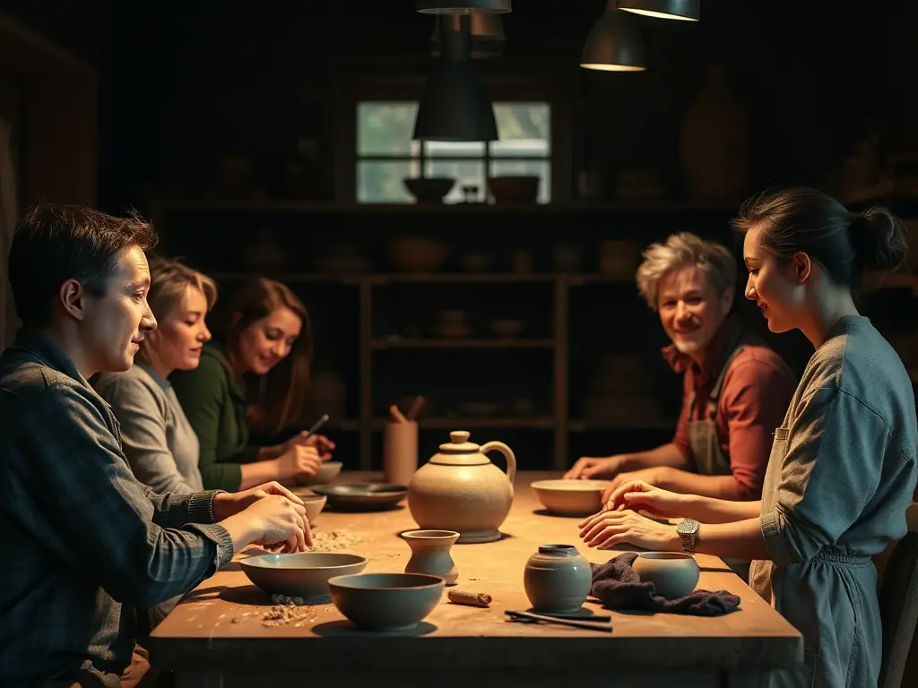 A vibrant image depicting participants engaged in a pottery workshop, showcasing the creativity and hands-on learning experience offered by MJC MAISON POUR TOUS.