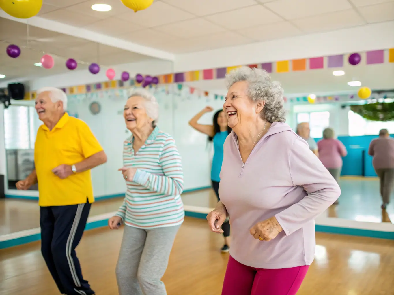 A dynamic image of adults participating in a dance class, highlighting the recreational and fitness activities available at MJC MAISON POUR TOUS.